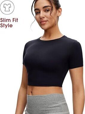 Slim Fit Crop Top for Women Short Sleeve Crew Neck Basic Casual Workout Tee